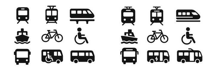 Poster - Icons representing various modes of transportation including trains, boats, bicycles, and buses in a clear layout for easy understanding