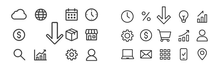 Aufkleber - Various icons representing business, technology, finance, and analytics displayed on a clean white background