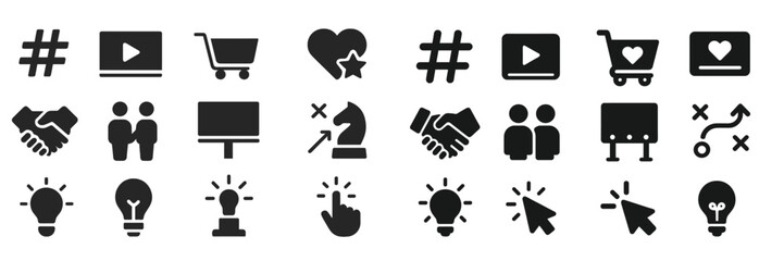 Poster - Collection of black icons representing digital marketing concepts and social media engagement