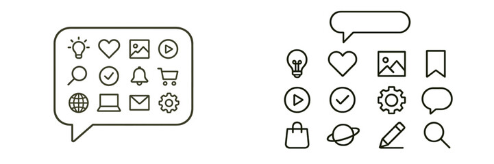 Aufkleber - Collection of graphic icons representing communication, ideas, and multimedia elements in a modern design