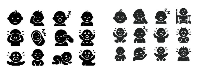 Poster - Collection of simple baby emoji showing various emotions and activities in black silhouette