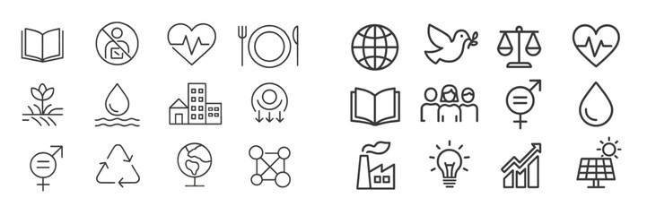Poster - Symbols representing sustainability and social justice initiatives in a clean, minimalistic design for educational purposes