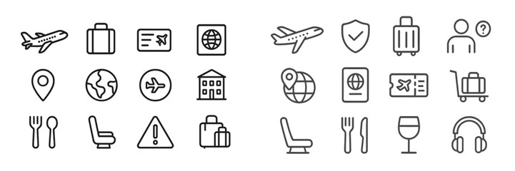 Poster - Travel icons representing various aspects of air travel, including luggage, boarding, and safety measures