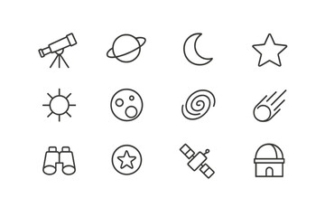 Aufkleber - Explore the wonders of astronomy with various celestial symbols and tools like telescopes and planets depicted with simple line art