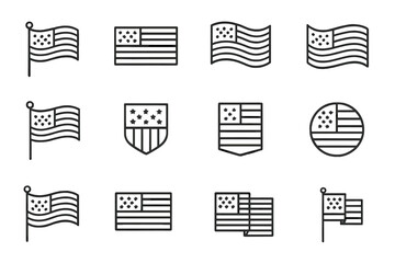 Poster - Various American flag designs featuring stars and stripes in simple line art on a white background