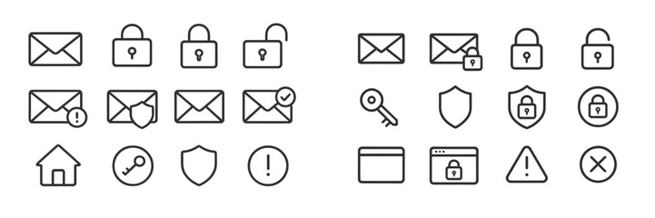 Poster - Collection of outline icons depicting email security, padlocks, keys, and alerts for digital safety