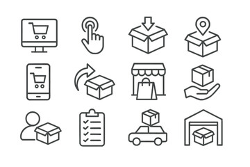 Poster - Illustrations of e-commerce concepts including shopping, delivery, and inventory management in a modern digital setting