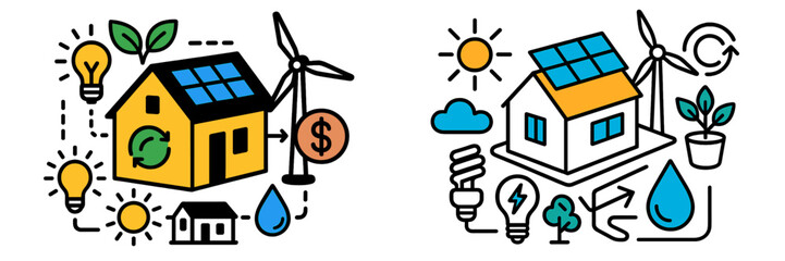 Poster - Renewable energy concepts showcasing sustainable homes with solar panels and wind turbines in an eco-friendly community