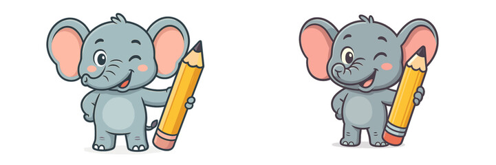 Aufkleber - Cute cartoon elephants holding oversized pencils while winking in a playful art style
