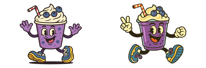 Aufkleber - Fun and playful cartoon character running and enjoying a delicious blueberry smoothie in vibrant colors and a cheerful pose