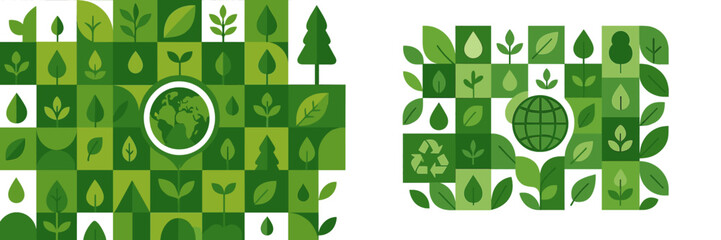 Poster - Vibrant green illustrations highlighting environmental themes and sustainability concepts in a modern design