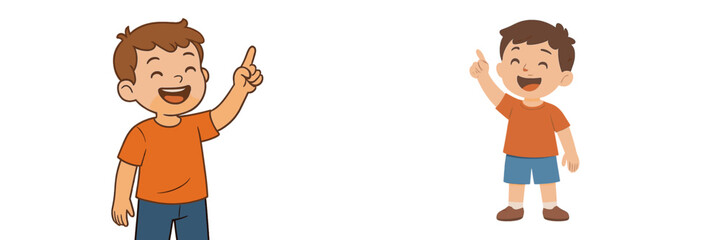 Poster - Happy young boys pointing up with excitement in bright orange shirts in a cheerful setting