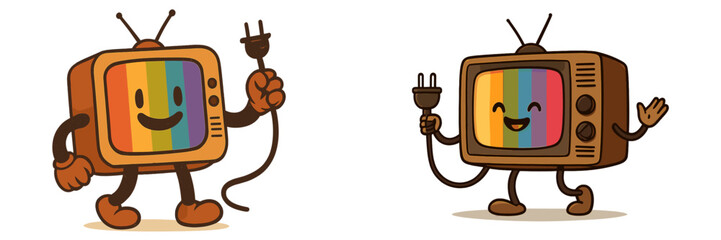 Leinwandbilder - Colorful animated televisions with cheerful faces holding power cords in a playful setting