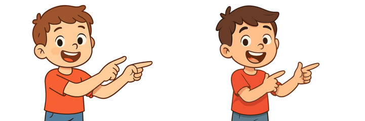 Aufkleber - Cheerful cartoon boy pointing in different directions with big smile and casual outfit
