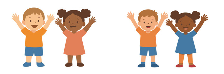 Poster - Children joyfully playing together with raised hands in a colorful outdoor setting during a sunny day