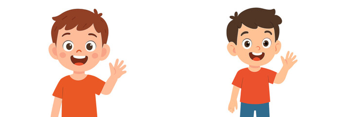 Aufkleber - Two cheerful boys waving hello while wearing orange shirts in a bright, friendly illustration