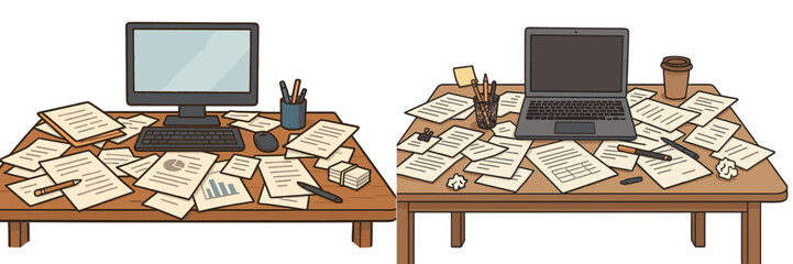 Aufkleber - Cluttered desks illustrate a busy workspace with papers, devices, and stationery during a productive day