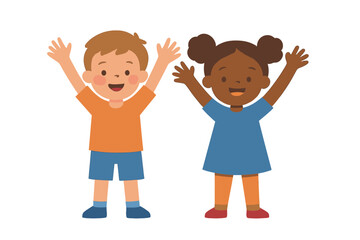 Poster - Kids celebrating joyfully with raised hands in a playful setting during a sunny day outdoors
