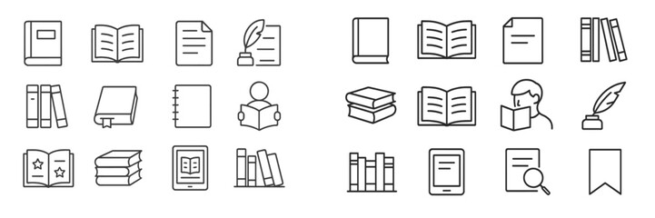 Aufkleber - Collection of various book and reading related icons. Illustrations depicting reading activities and educational materials in a minimalist style