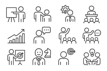 Aufkleber - Icons representing various concepts of teamwork, strategy, leadership, and communication in a professional setting