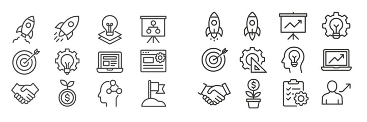 Poster - Collection of business and startup related icons showcasing innovation, teamwork, and growth strategies in a clean, minimalistic design