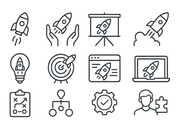 Poster - Creative illustrations of rockets depicting launch, strategy, and innovation in a digital workspace environment