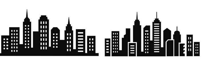 Poster - Silhouette of a modern city skyline with various building styles and architectural features at night
