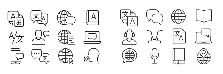 Aufkleber - Collection of communication and language learning icons in minimalistic design for educational materials and technology platforms