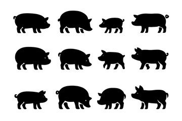 Poster - Silhouettes of pigs in various poses demonstrating different sizes and shapes in a playful arrangement