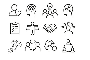 Aufkleber - Various symbols illustrating key concepts in teamwork, communication, and mental processes at a collaborative workshop