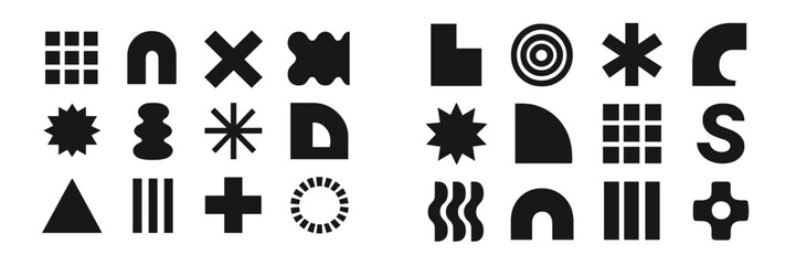 Poster - Various black geometric shapes arranged in a pattern showcasing creativity and design elements on a white background