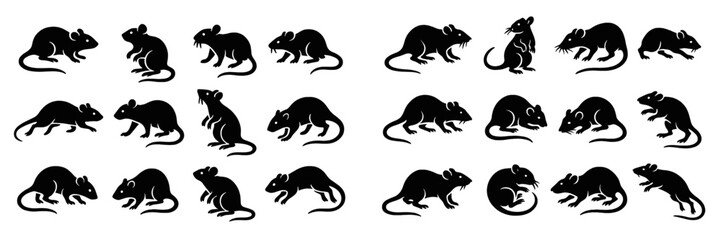 Poster - Collection of black mouse silhouettes depicting various poses and actions for design purposes