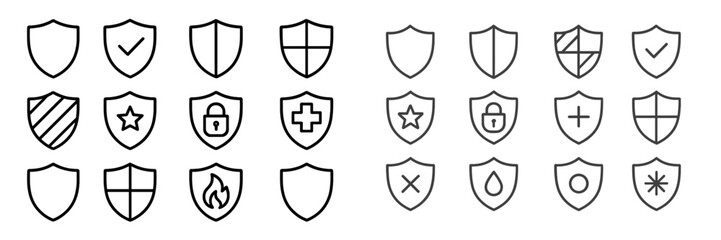 Aufkleber - Collection of various shield icons featuring different designs and symbols arranged in a grid format on a white background