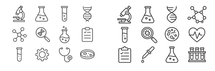 Aufkleber - Icons representing various aspects of science and laboratory research including microscopes and DNA strands