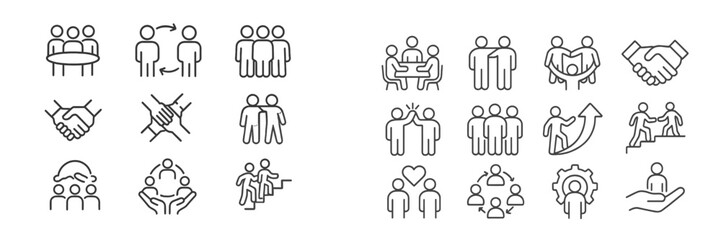 Aufkleber - Collection of simple line icons representing teamwork, collaboration, and human interaction in various settings and activities