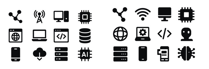 Fototapete - Symbols representing technology, digital communication, and data management displayed on a simple background