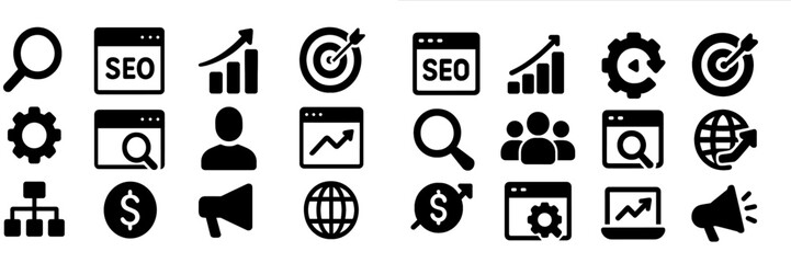 Leinwandbilder - Various black icons illustrating digital marketing, SEO strategies, user engagement, and analytics concepts on a white background