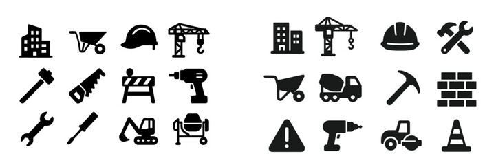 Poster - Construction tools and icons representing building and renovation activities in a busy urban environment