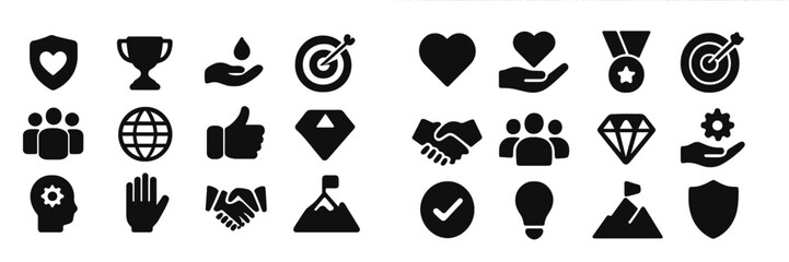 Poster - Various black icons representing concepts of teamwork, achievement, and support arranged in a grid pattern