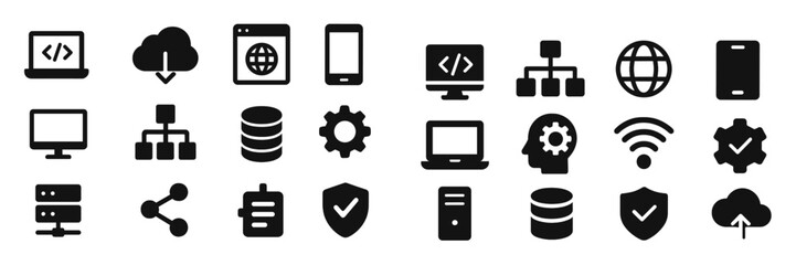 Fototapete - Collection of various technology icons including devices, networks, and data representations in a minimalist design