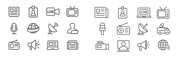 Aufkleber - Icons representing media and communication tools including live broadcasts, news, and interviews in a modern design