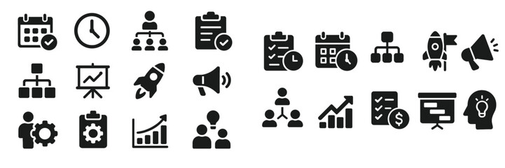 Poster - Creative icons representing project management elements in a modern workspace setting