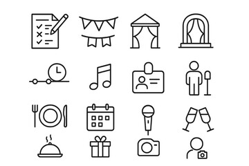 Aufkleber - Event planning essentials featuring checklists, music notes, and celebration symbols illustrated in a minimalistic style