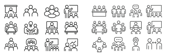 Poster - Collection of diverse icons representing various group activities, discussions, and presentations in a modern design