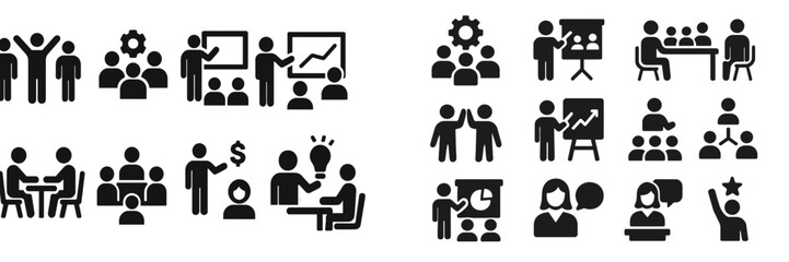 Aufkleber - Illustrations of various business and teamwork activities showcasing collaboration and communication in an office setting