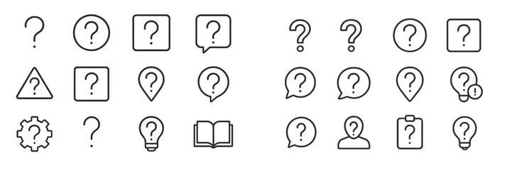 Fototapete - Various outline icons representing questions, symbols, and objects typically used in design elements for communication and informative purposes