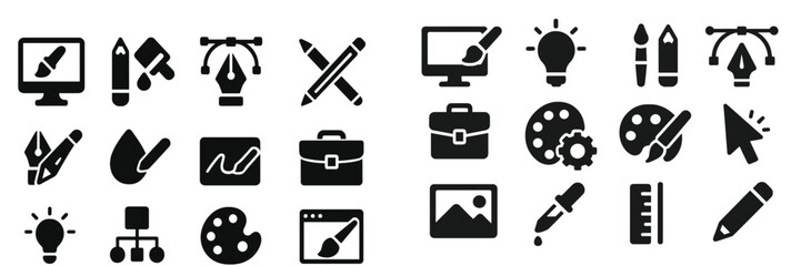 Aufkleber - Collection of black and white design and creative icons featuring tools, gadgets, and symbols for digital art and graphic design