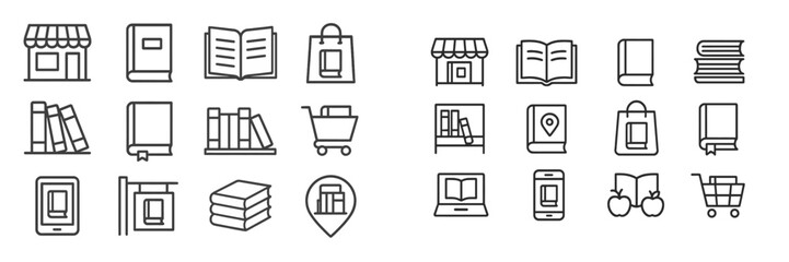 Aufkleber - Collection of simple line icons representing books, shopping, and digital devices for educational themes