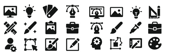 Aufkleber - Creative design icons representing various tools and elements used in graphic design and digital art