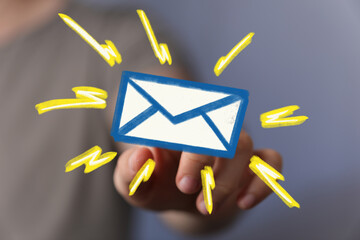 Poster - Hand selecting email icon, fast notification concept. Digital communication.